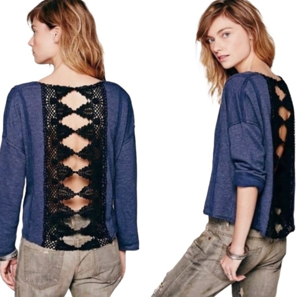 Free People Black and Blue Boho Crochet Cropped Sweatshirt - Women’s Size XS - Picture 1 of 8